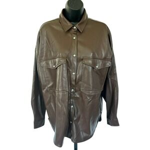 Acoa Faux Leather Shacket Sz S Brown Pearl Snap Western‎ 90's Baggy Oversized